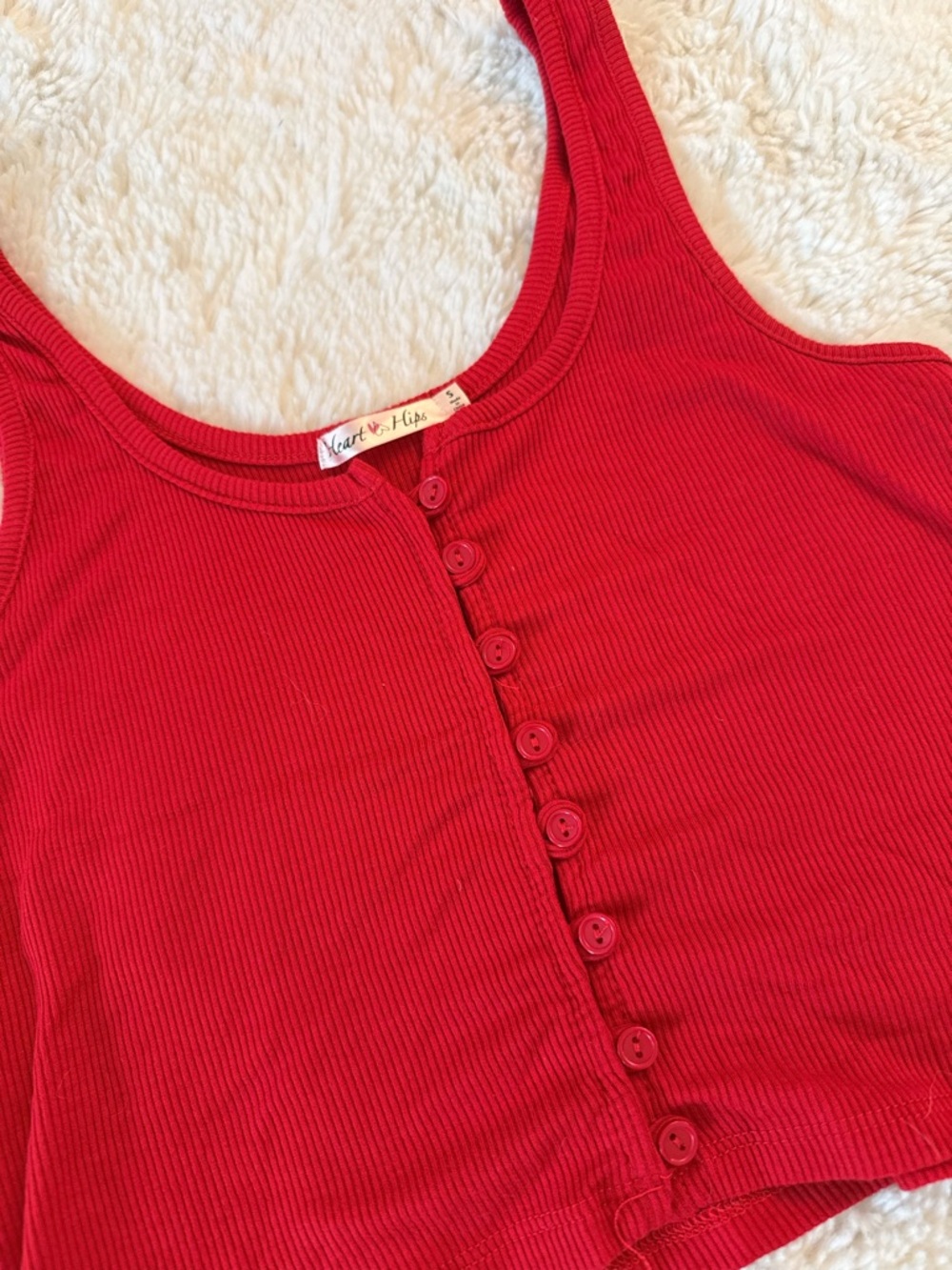 Red Ribbed Button-Front Crop Tank - Picture 2 of 2